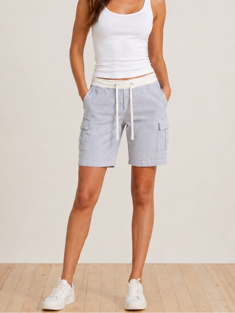 James Perse Light Blue Striped Cargo Drawstring Shorts 10” inseam modest beachy